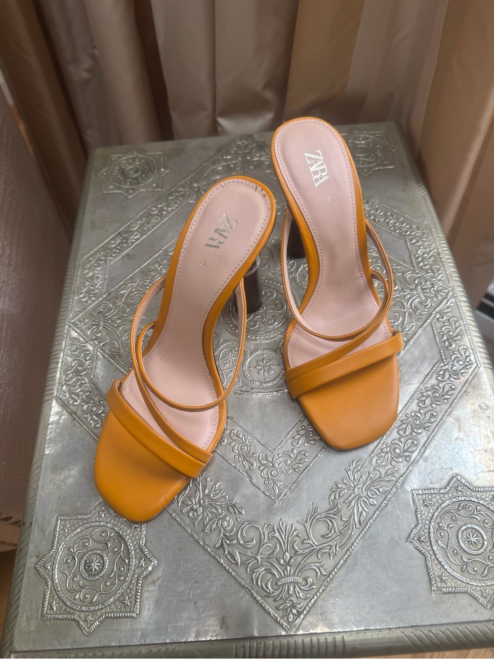 NWOT. Zara Strappy Heeled Sandals in Mustard